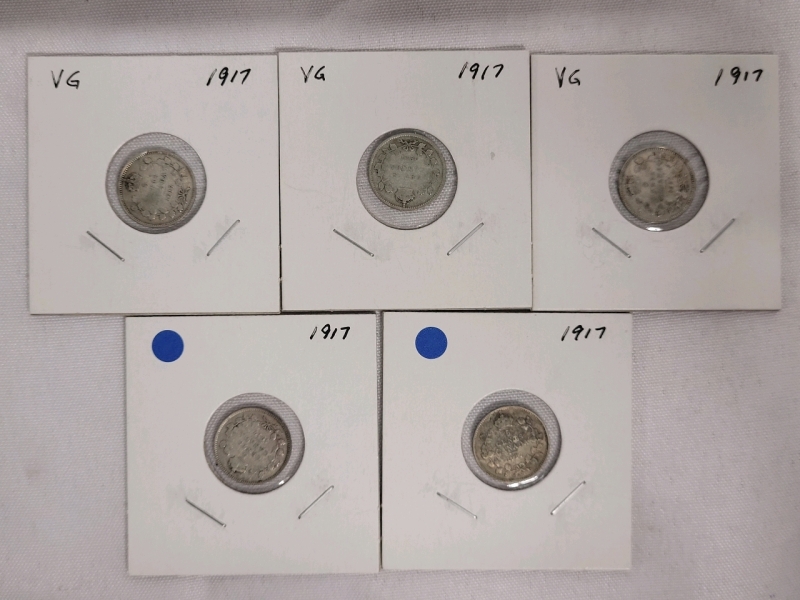 1917 Canadian Silver Five Cent Nickels , Five (5) Nickels in Various condition