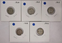 1919 Canadian Silver Five Cent Nickels , Five (5) Nickels in Various condition