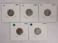 1920 Canadian Silver Five Cent Nickels , Five (5) Nickels in Various condition