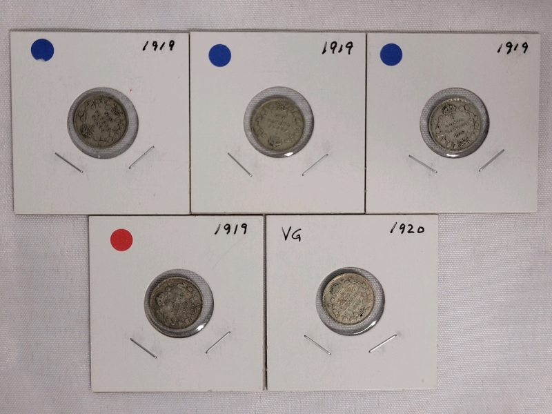 1919 & 1920 Canadian Silver Five Cent Nickels , Five (5) Nickels in Various condition