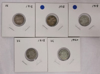 1913 - 1920 Canadian Silver Five Cent Nickels , Five (5) Nickels in Various condition