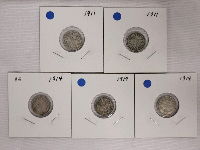 1911 & 1914 Canadian Silver Five Cent Nickels , Five (5) Nickels in Various condition