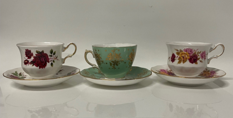 Three Teacups and Saucers including Queen Anne and Colclough