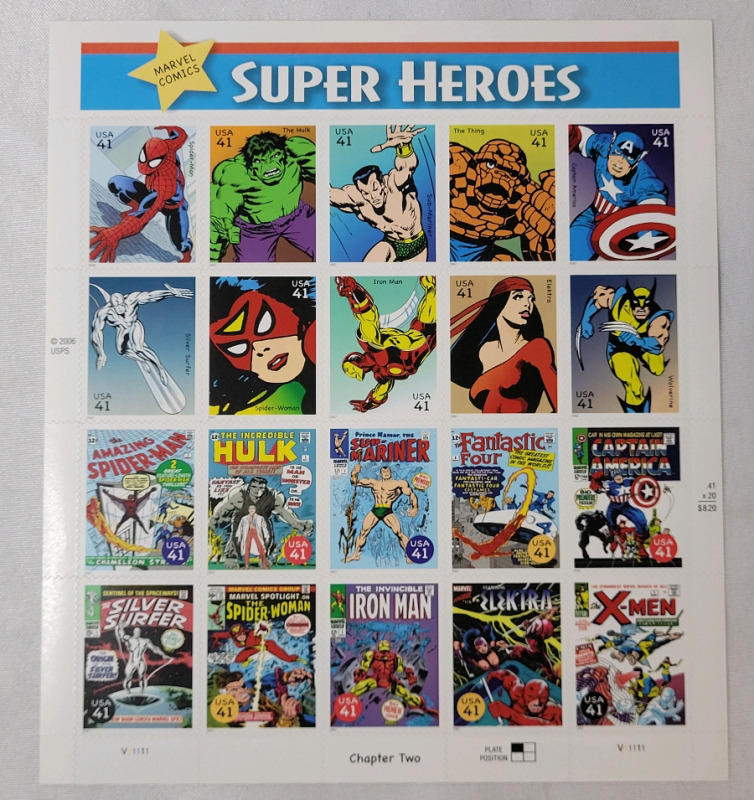 2007 US Postal ' Marvel Comics Super Heroes & Comic Covers ' 41 Cent Postage Stamp Panel , 20 Stamps