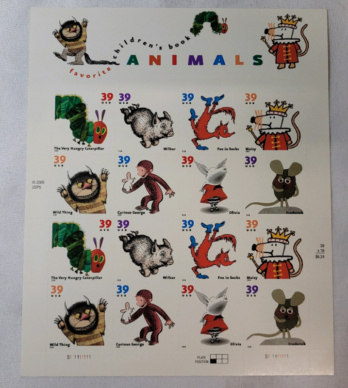 2006 US Postal ' Favorite Children's Book ANIMALS ' 39 Cent Postage Stamp Panel , 16 Stamps