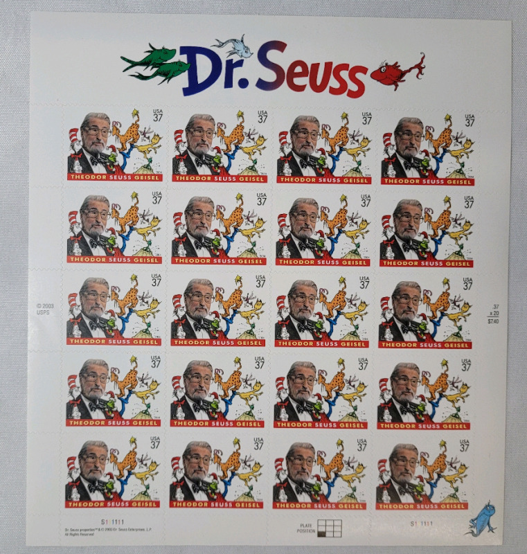 2004 US Postal ' Dr. Seuss ' 37 Cent Postage Stamp Panel , 20 Stamps