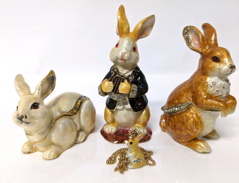 3 Enameled Bunny Themed Trinket Boxes + 1 Baby Rabbit Necklace