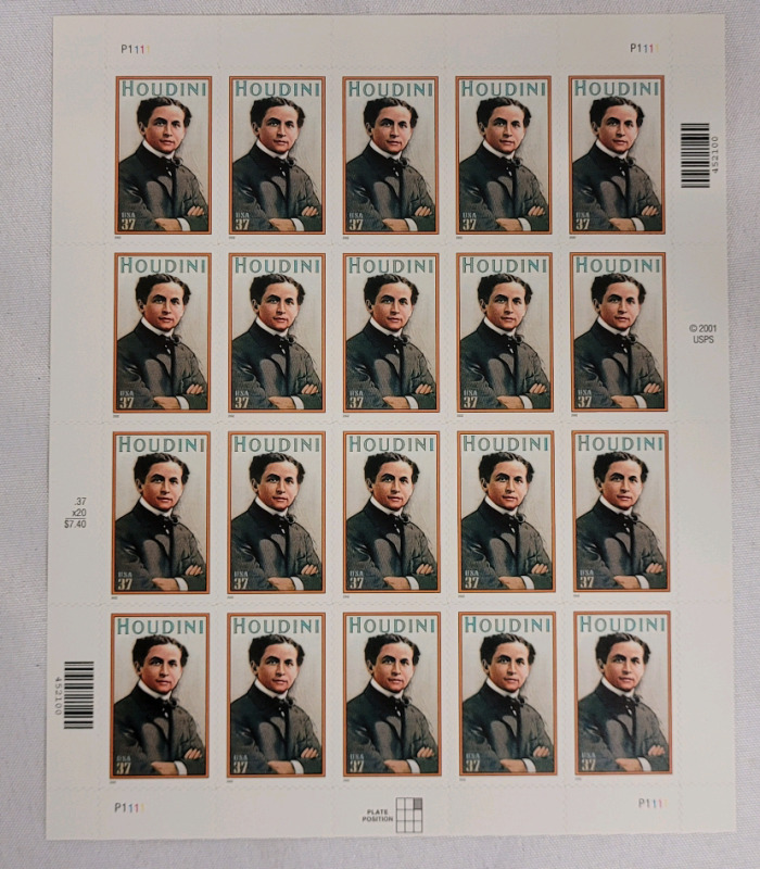 2001 US Postal ' Harry Houdini ' 37 Cent Stamp Panel , 20 Postage Stamps