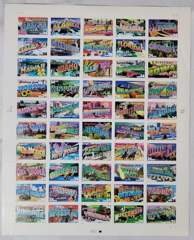 2001 US Postal " Greetings From , State " 34 Cent Stamps , 50 Postage Stamps .