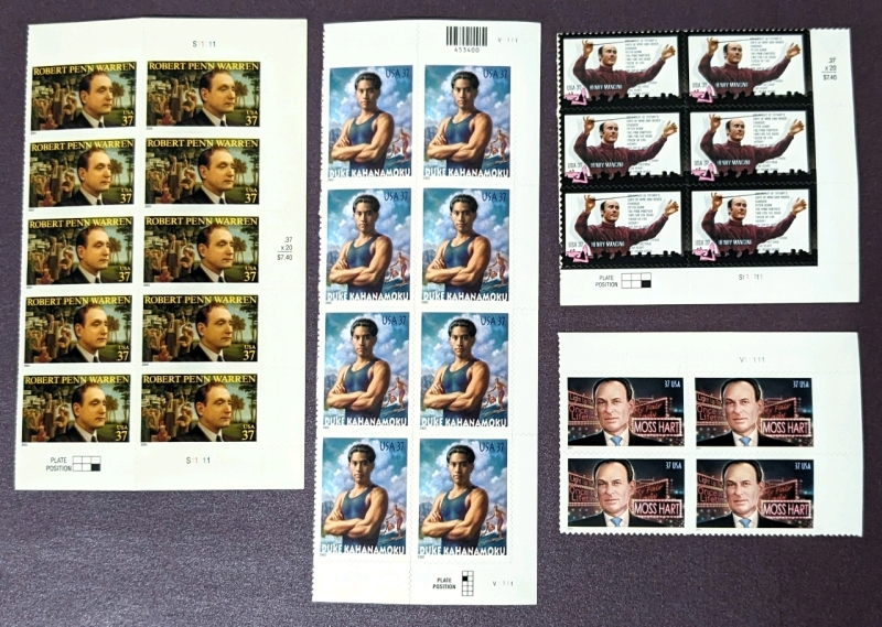 2002, 2004, 2005 US Postal ' Warren, Kahanamoku, Hart & Mancini ' 37 Cent Postage Stamp Panels - 28 Stamps Total