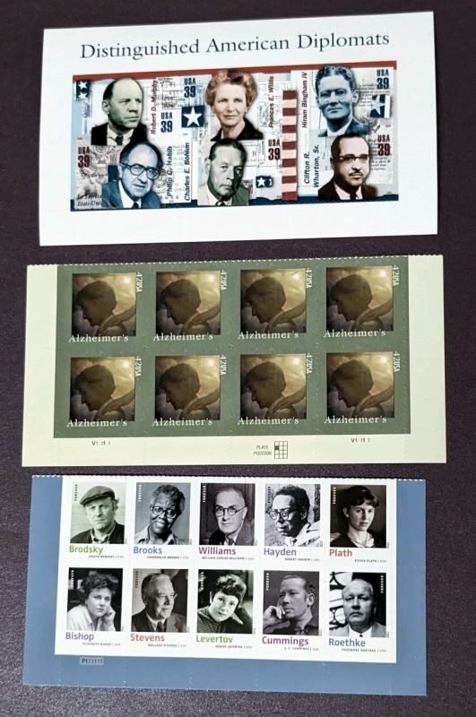 2006, 2008, 2012 US Postal ' Distinguished Americans & Alzheimer's ' 39, 42 Cent & First Class Postage Stamp Panels - 24 Stamps Total