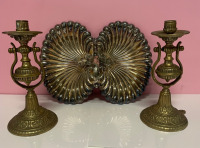 Two Vintage Heavy ( presumably brass ) Candlestick holders and Vintage Shell Shaped Serving Tray