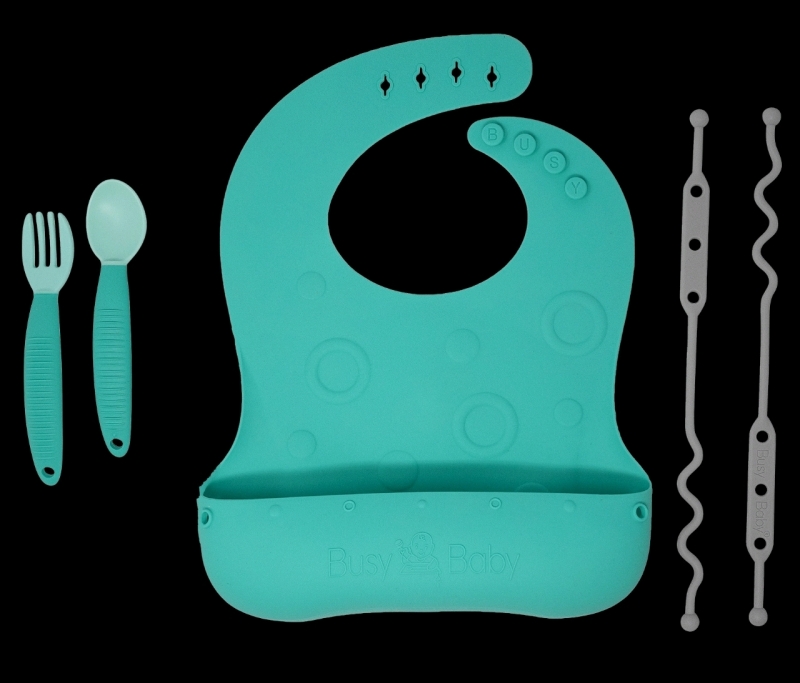 New Busy Baby Bungee Bib & Utensils | Deluxe, No-Drop, On-The-Go, BLW Feeding System (w/o Knife)