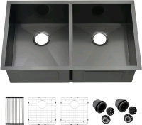 ZDHHT Undermount Black Stainless Steel Double Bowl Kitchen Sink - 18 Gauge 30x19x10"