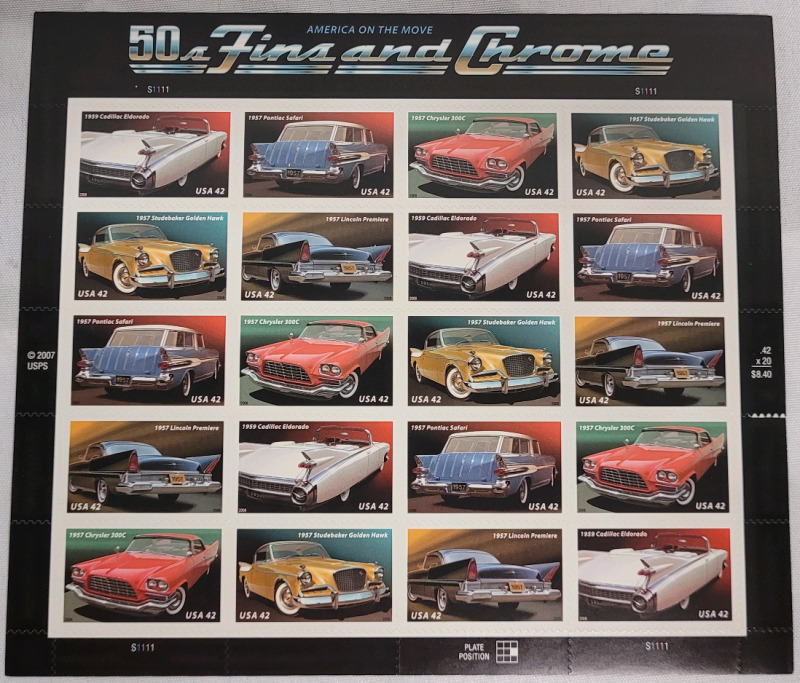 2007 US Postal ' 50s Fins and Chrome ' 42 Cent Postage Stamp Panel , 20 Stamps