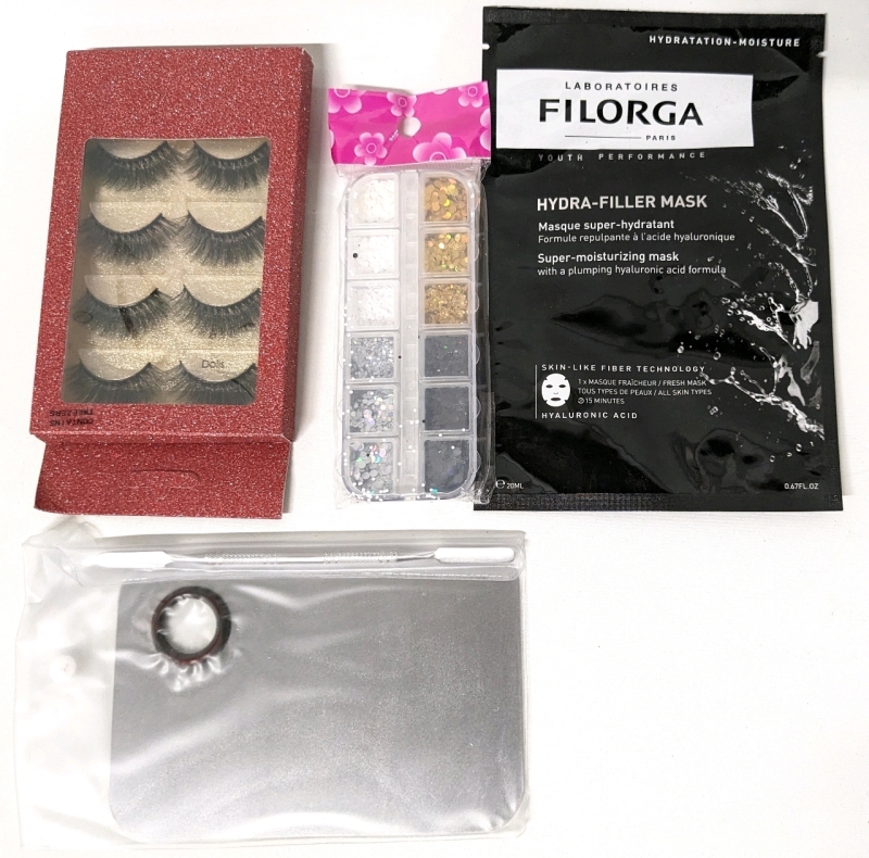 New FLORGA Hydra-Filler Mask, Makeup Mixing Pallette & Tool, False Eyelashes, Glitter for Nail Art & INGLOT 31T Makeup Brush