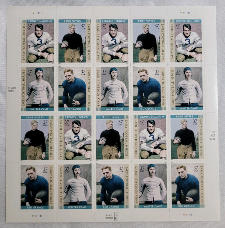 2003 US Postal ' Early Football Heroes ' 37 Cent Postage Stamp Panel , 20 Stamps