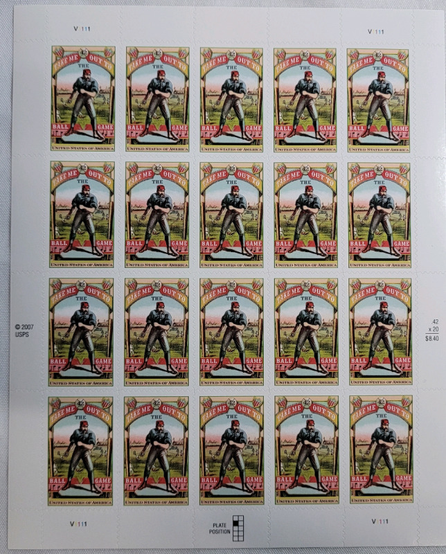 2008 US Postal ' 1908 - 2008 Baseball Anniversary ' 42 Cent Postage Stamp Panel , 20 Stamps