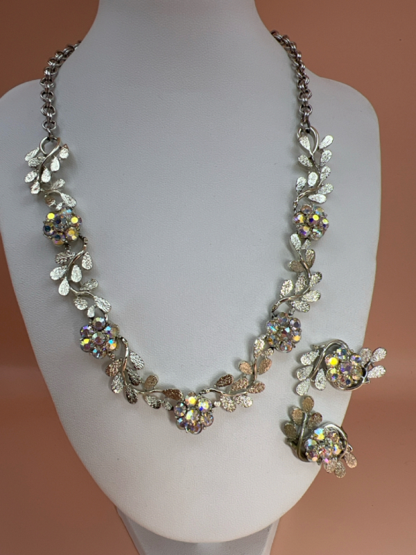 Mid Century Modern Rhinestone Necklace Earrings Set