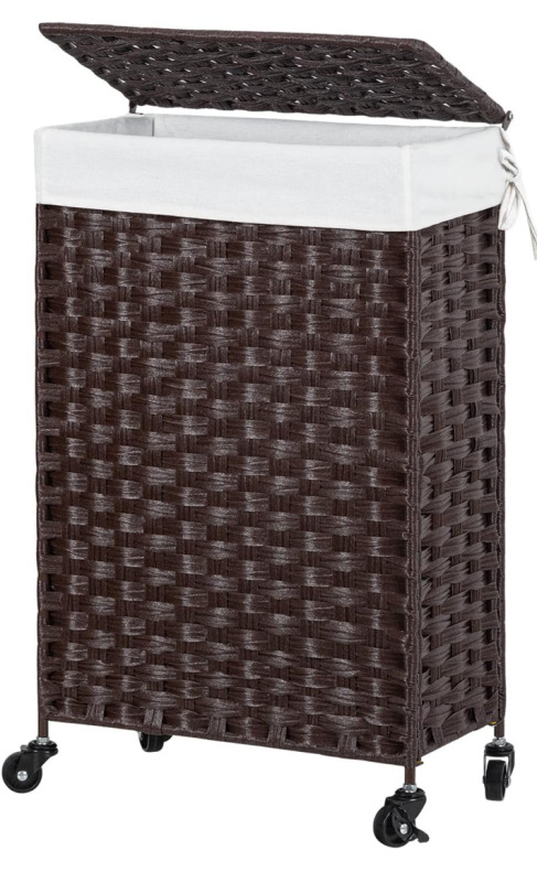 Chrislley 53L Slim Handwoven Rattan Laundry Hamper with Lid Rolling Laundry Basket with Removable Liner Bags Foldable Hampers with Wheels ( Brown )