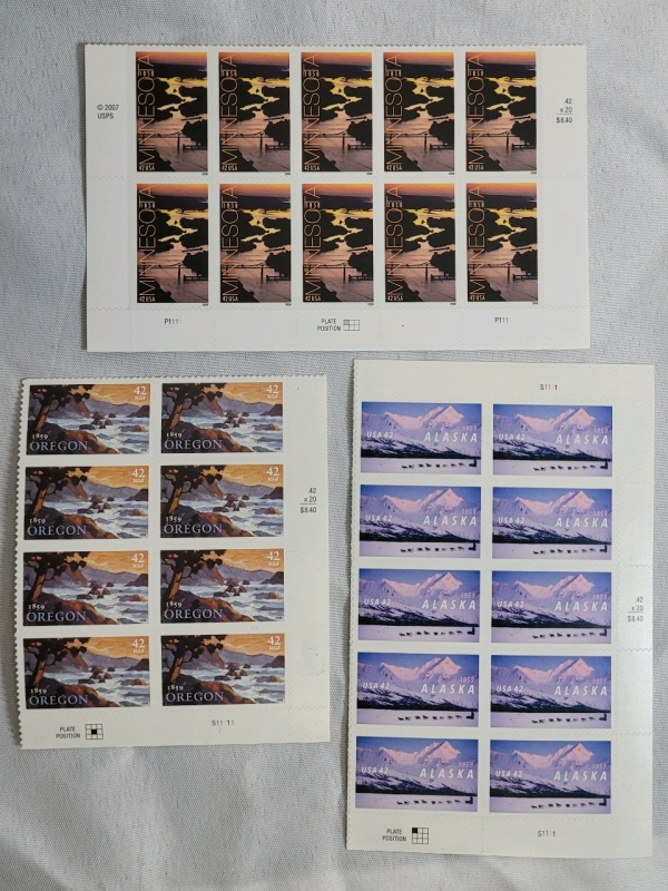 US Postal ' State ' Postage Stamps . 42c Oregon , Alaska & Minnesota . 28 Stamps