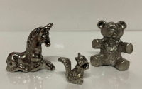 36 Vintage Cast Pewter miniatures : Small squirrels, Large Teddy Bears & Unicorns (12 ea)