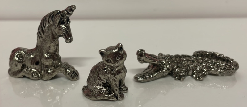 36 Vintage Cast Pewter miniatures : Small cats , Large Alligators & Unicorns (12 ea)