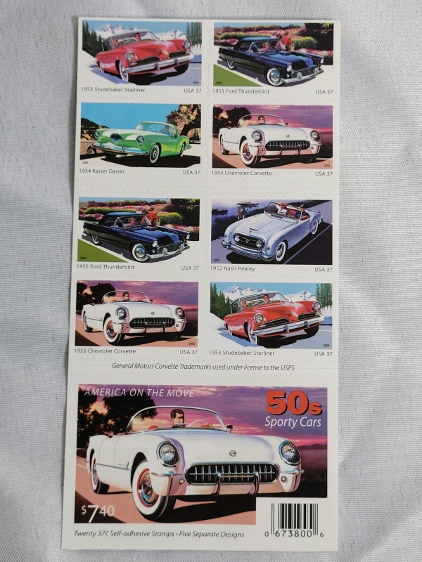 2006 US Postal ' America on the Move : Sporty Cars ' 37 Cent Postage Stamp Panel . 20 Stamps