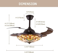 New - 42" Tiffany Style Invisible Ceiling Fan w/Lights & Remote Control,Retractable Blades