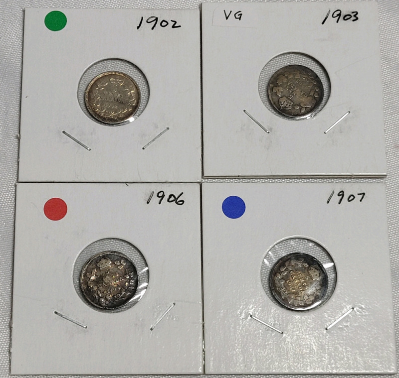 1902 - 1907 Canadian Silver Five Cent Nickels , Four (4) Nickels in Various Condition