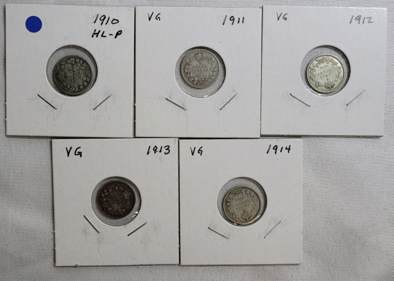 1910 - 1914 Canadian Silver Fice Cent Nickels , Five (5) Nickels in Various Condition