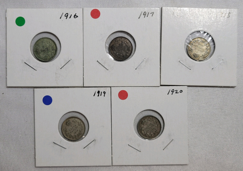 1916 - 1920 Canadian Silver Five Cent Nickels , Five (5) Nickels in Various Condition