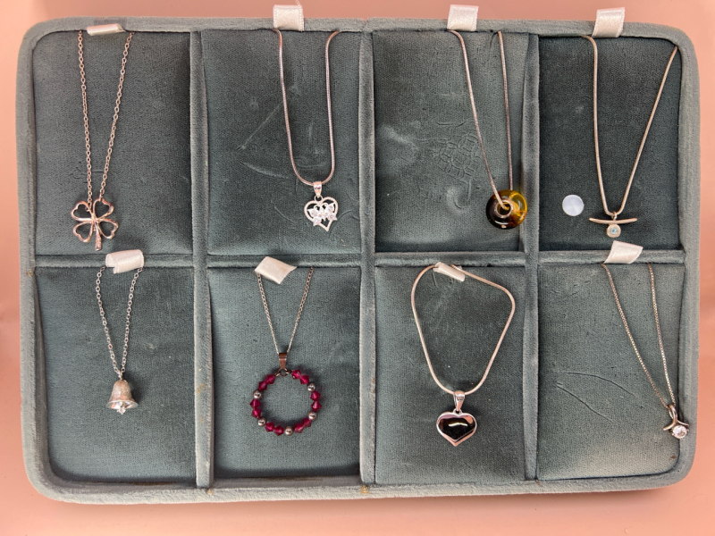 8 X Sterling Chains with Pendants & Display