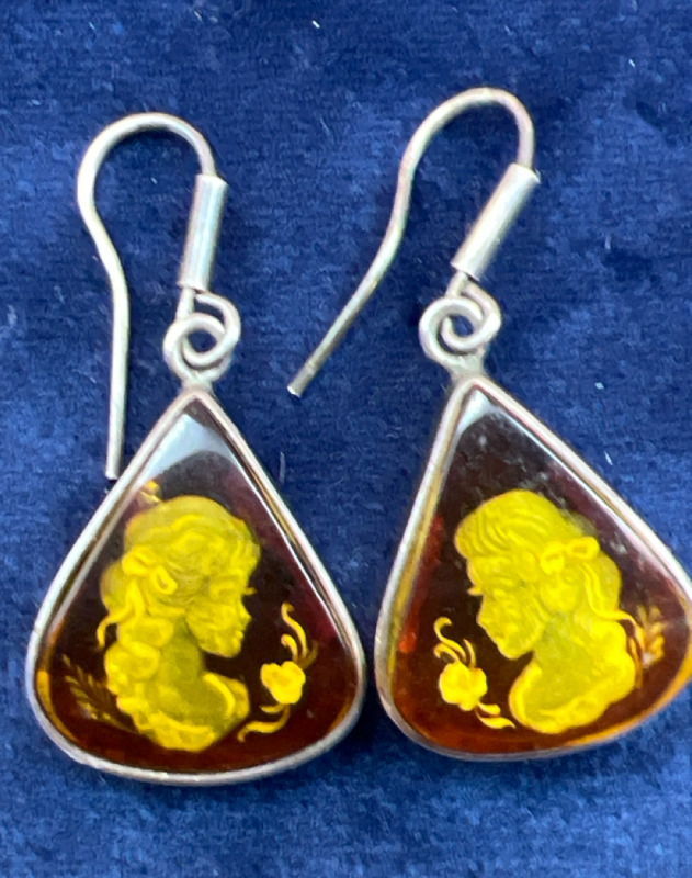 Baltic Amber Sterling Silver 925 Intaglio Cameo Earrings