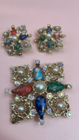 Vintage 1962 Signed Galaxy<br/>Demi Brooch Pendant & Clip Earring Set