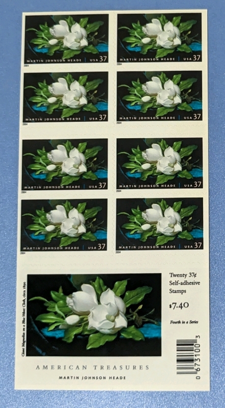 2004 US Postal ' American Treasures / Martin Johnson Heade ' 37 Cent Postage Stamp Panel - 20 Stamps