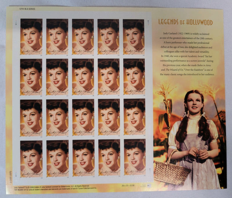 2006 US Postal ' Legends of Hollywood : Judy Garland ' 39 Cent Postage Stamp Panel , 20 Stamps