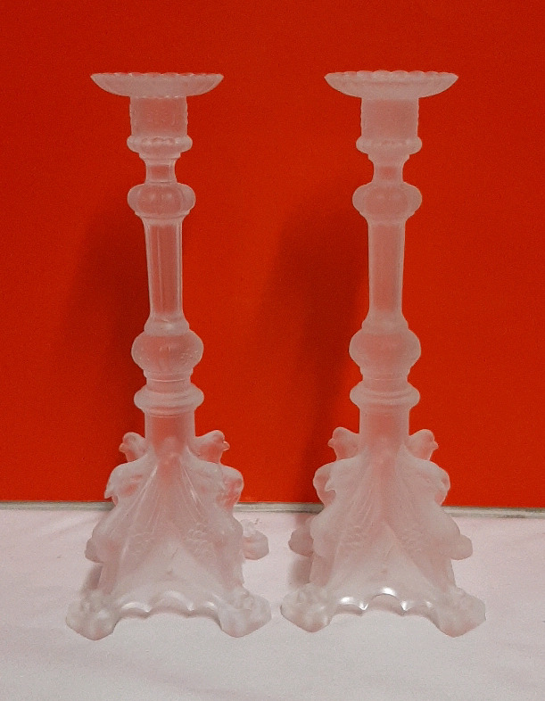Vintage Val St. Lambert Manchester Frosted Glass Candlesticks 11"