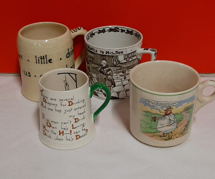 Vintage Motto Mugs 3 Vintage Mugs from Crown Ducal Albion Pottery and Carlton Ware 1 Antique Mug.
