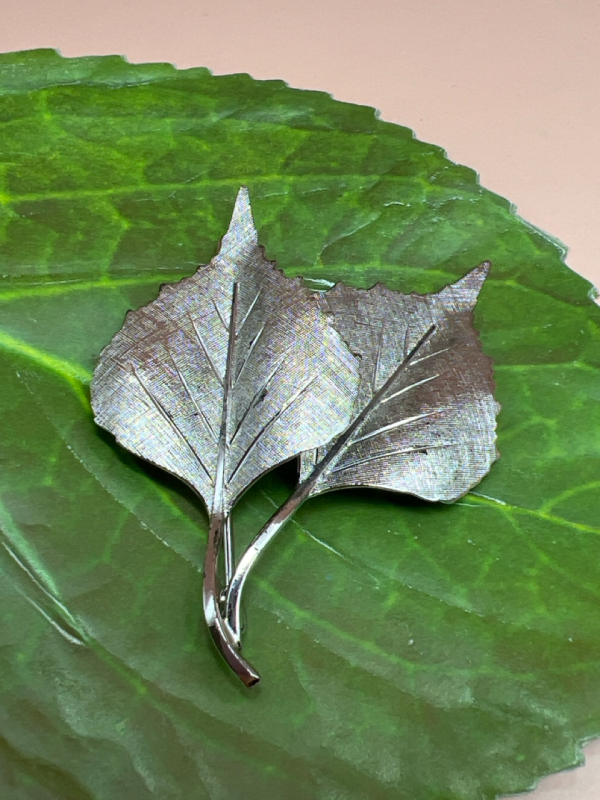 Vintage Sterling Silver Double Brushed Leaf Brooch