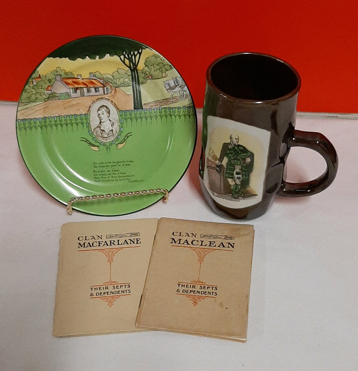 Vintage Clan MacFarlane and Clan MacLean Booklets 1 Robbie Burns Plate 1 Montrose Pottery Mug