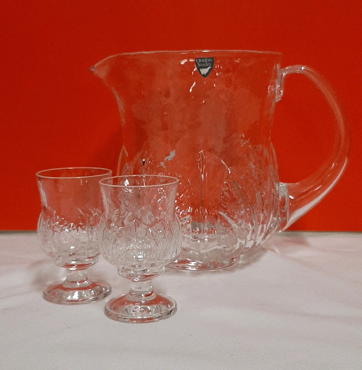 Vintage Orrefors Crystal Jug and 2 Aperitif Glasses