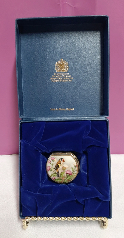 Vintage Halycon Days Enamels Pill Box with Birds and Thistles