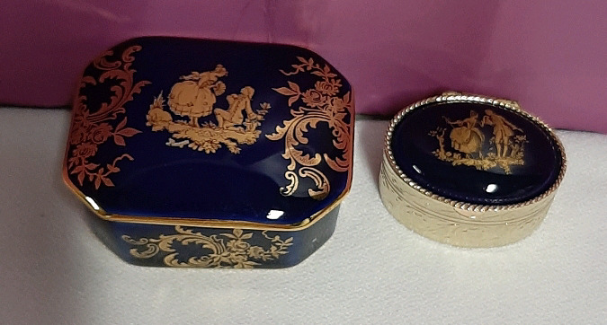 Vintage Limoges Cobalt and Gold Trinket Box and Pill Box