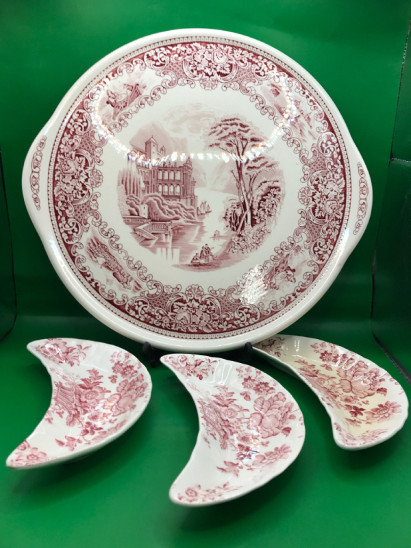 Myott & Son Old England Red Transferware Cake Plate 12 in & 3 Crown Devon Red Transferware Bone Dishes 6.5 inches wide