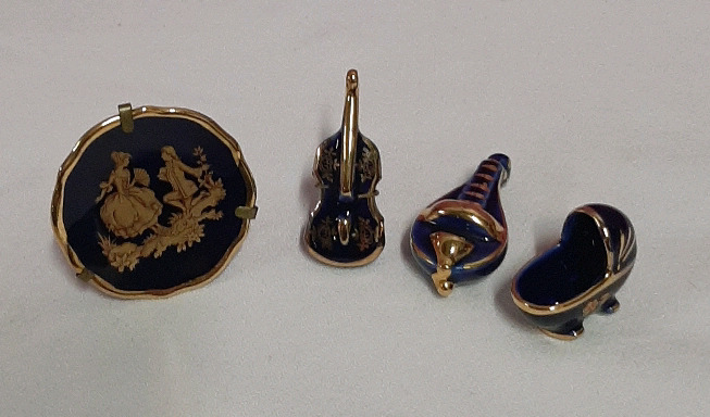 Vintage 4 Limoges Miniatures in Cobalt and Gold 1 Plate 1 Violin 1 Mandolin 1 Cradle