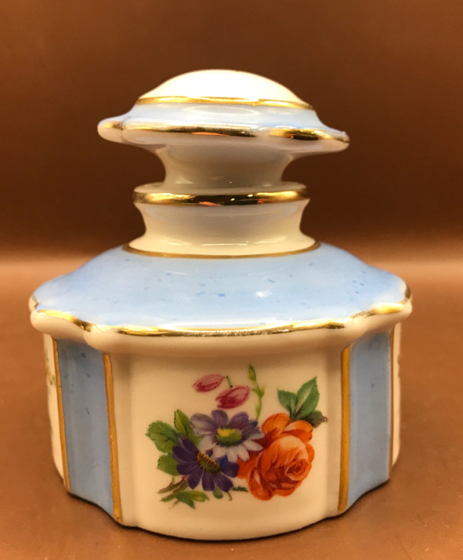 Antique French Porcelain Scent Bottle with Dabber 3 inches tall