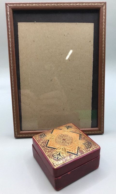 Vintage Moroccan Leather Picture Frame 5 x 7 inches & Antique Leather Box Made in Italy 2 x 2 x 1 inch