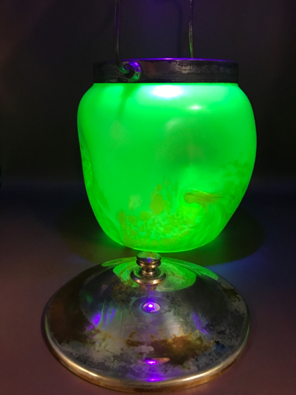 Antique Loetz Biscuit Barrel Uranium Glass 10.5 inches tall with handle