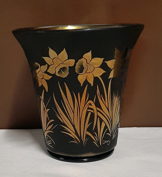 Vintage Fenton Sand Carved Black Marigold Vase